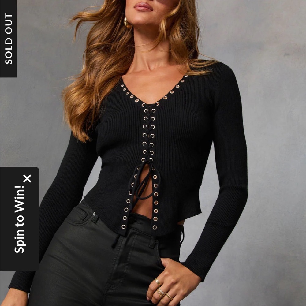 Black Lace-Up V-Neck Women's Top VICI